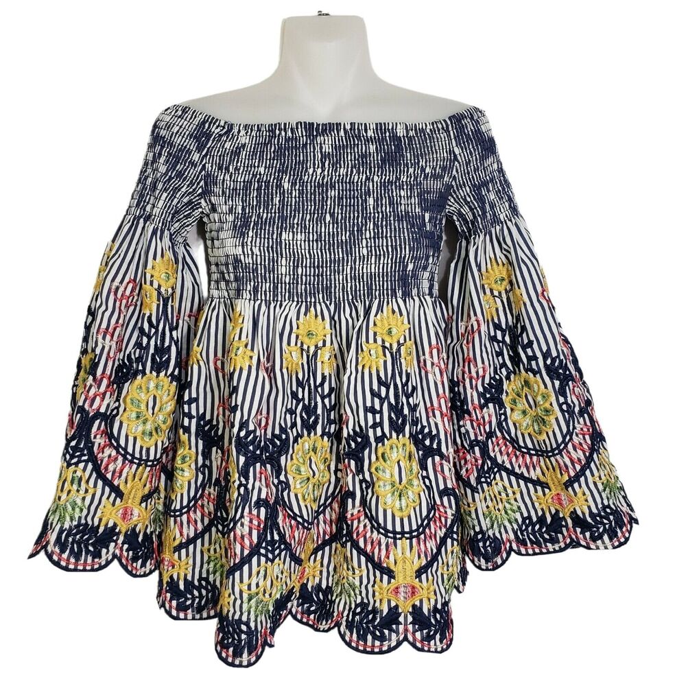 Flying Tomato Women Top Small Smocked Floral Embroidery Off Shoulder Bell Sleeve